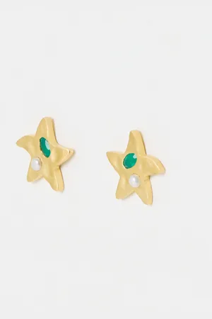 Oliver Bonas Lyra Green Onyx & Pearl Gold Plated Star Earrings