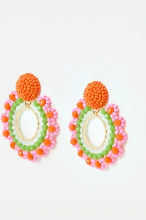 Oliver Bonas Aimee Pink & Green Beaded Flower Statement Earrings