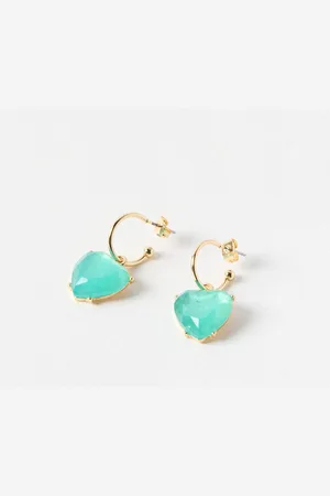 Oliver Bonas Valeria Green Heart Charm Drop Hoop Earrings