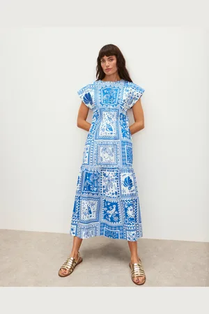 Oliver Bonas & White Summer Tile Print Poplin Tiered Midi Dress, size 16