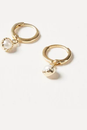 Oliver Bonas Alula Gold Plated Round Pearl Drop Huggie Earrings