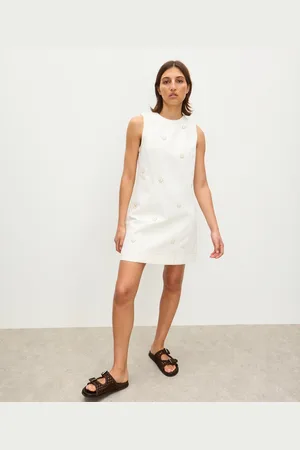 Oliver Bonas Ecru Cream Beaded Flower Denim Mini Dress, size 14