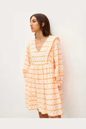 Oliver Bonas White & Neon Embroidered Seersucker Mini Dress, size 8