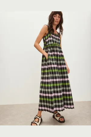 Oliver Bonas & Green Checked Scalloped Strappy Midi Dress, size 8