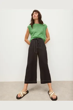 Oliver Bonas Contrast Stitch Tie Waist Cropped Wide Leg Trousers, size 14