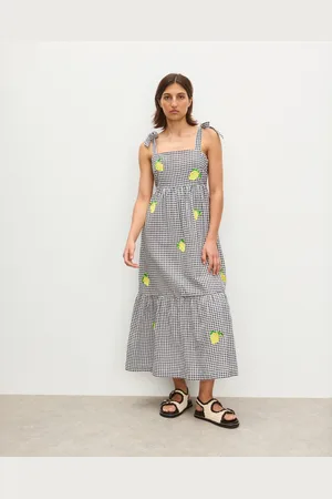 Oliver Bonas Gingham Lemon Embroidered Tiered Midi Dress, size 6