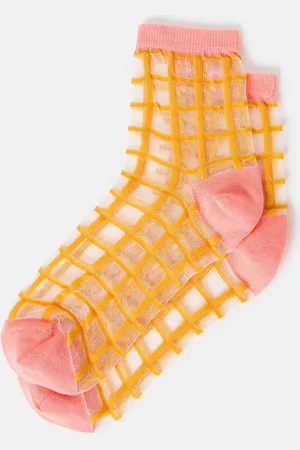 Oliver Bonas Peach & Yellow Checked Sheer Ankle Socks