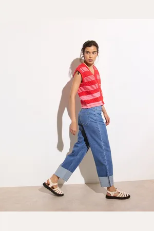 Oliver Bonas Mid Denim Turn Up Straight Leg Jeans, size 14