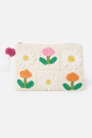 Oliver Bonas Cream Crochet Flower Zipped Pouch
