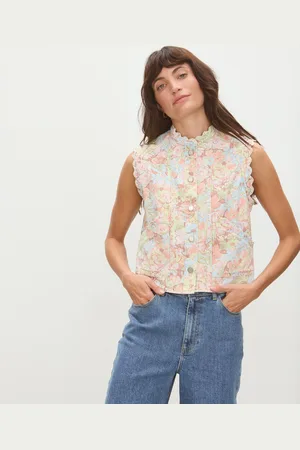Oliver Bonas Pastel Floral Print Scalloped Denim Waistcoat, size 12