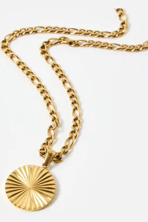 Oliver Bonas Maya Tone Stainless Steel Waterproof Etched Disc Pendant Necklace