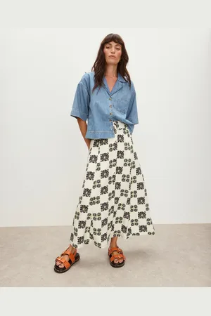 Oliver Bonas Ecru Cream & Black Floral Tile Print Button Through Midi Skirt, size 18