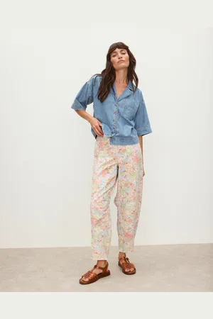 Oliver Bonas Pastel Floral Print Denim Barrel Leg Jeans, size 12
