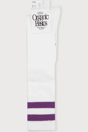 Organic Basics Core Stripe Knee High Socks White / Aubergine 35-38