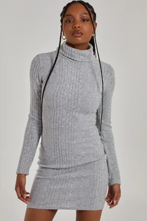 Pink Vanilla Chunky Brushed Rib Roll Neck Dress - L
