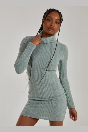 Pink Vanilla Chunky Brushed Rib Roll Neck Dress - S