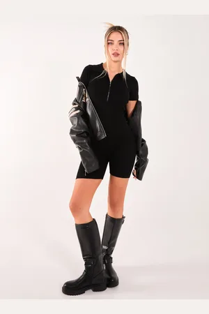 Pink Vanilla Ribbed Collar Zip Up Unitard - S/M