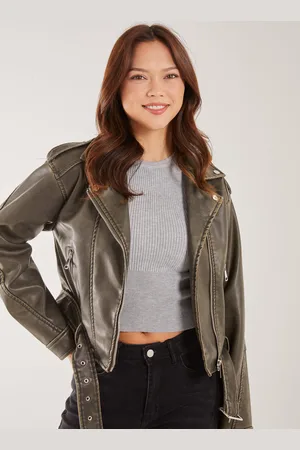 Pink Vanilla Stone Wash PU Biker Jacket - L