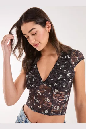Pink Vanilla Ditsy Lace Print Cap Sleeve Top - L