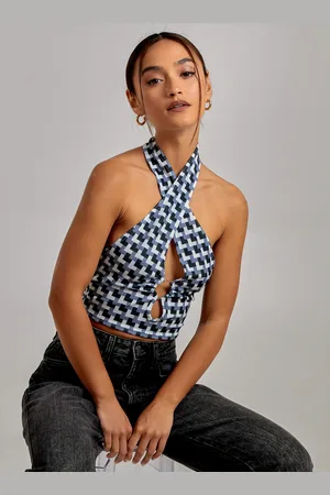 Pink Vanilla Geometric Print Cut Out Halterneck Top - 8