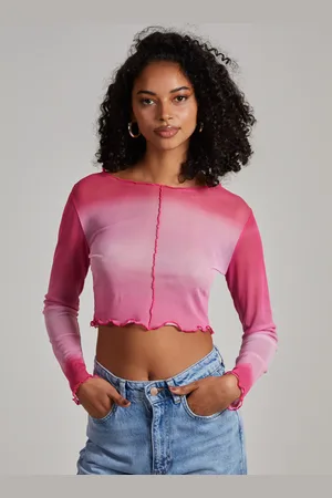 Pink Vanilla Ombre Exposed Long Sleeve Mesh Crop Top - S
