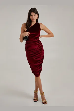 Pink Vanilla Velvet Ruched One Shoulder Midi Dress - 10