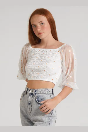 Pink Vanilla Daisy Embroidered Bardot Top - L
