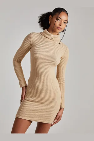 Pink Vanilla Chunky Brushed Rib Roll Neck Dress - S