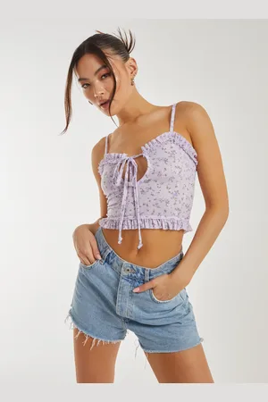Pink Vanilla Ditsy Floral Cut Out Strappy Crop Top - S