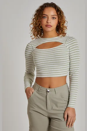 Pink Vanilla Striped Rib Letterbox Long Sleeve Crop Top - S