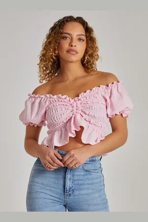 Pink Vanilla Bardot Ruched Puff Sleeve Frill Trim Crop Top - L