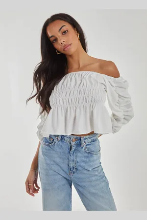 Pink Vanilla Shirred Detail Puff Sleeve Crop Top - S