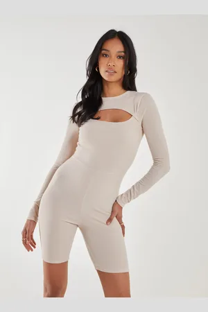 Pink Vanilla Ribbed Letterbox Long Sleeve Unitard With Cut Out Back - S