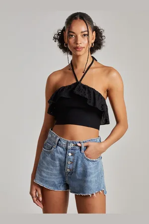 Pink Vanilla Halter Neck Broderie Frill Hem Crop Top - S