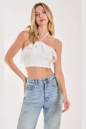 Pink Vanilla Halter Neck Broderie Frill Hem Crop Top - S