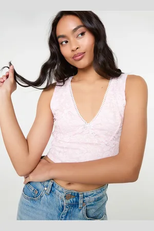 Pink Vanilla V Neck Lace Crop Top - L