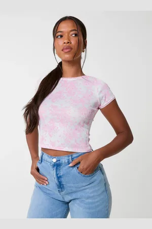 Pink Vanilla Ribbed Crop Top In Floral Print - L
