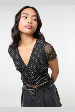 Pink Vanilla Polka Dot Mesh Cap Sleeve Crop Top - L
