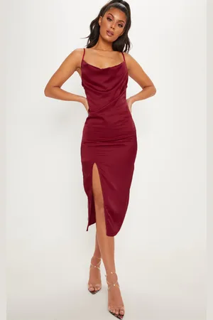 PRETTYLITTLETHING Burgundy Strappy Satin Cowl Midi Dress