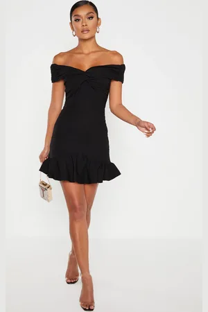 PRETTYLITTLETHING Bardot Shirred Pleated Bodycon Dress
