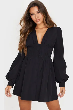 PRETTYLITTLETHING Button Front Fitted Puff Sleeve Skater Dress