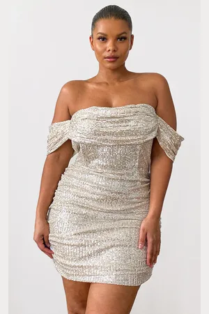PRETTYLITTLETHING Plus Cream Sequin Bardot Bodycon Dress