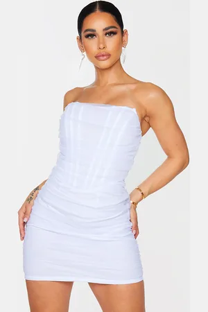 Shape White Mesh Corset Detail Ruched Bodycon Dress