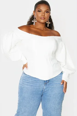 PRETTYLITTLETHING Plus Bardot Balloon Sleeve Corset Top