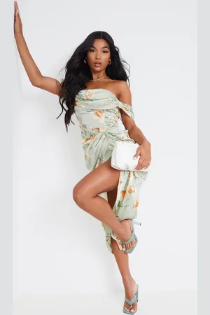 PRETTYLITTLETHING Floral Print Satin Draped Bardot Midi Dress