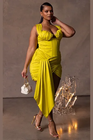 PRETTYLITTLETHING Plus Constructed Satin Ruched Drape Bodycon Skirt