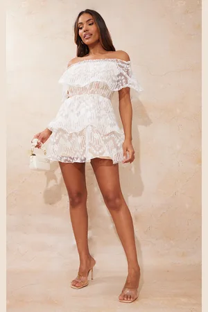 PRETTYLITTLETHING Lace Bardot Ruffle Tiered Dress