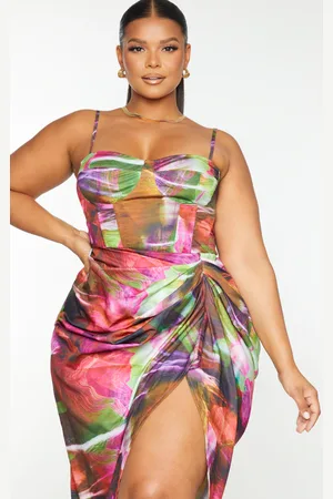 PRETTYLITTLETHING Plus Lime Textured Print Structured Corset Top