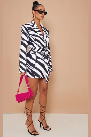 PRETTYLITTLETHING Monochrome Zebra Print Structured Tie Waist Blazer Dress