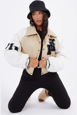 PRETTYLITTLETHING Beige Faux Leather Raglan Sleeve Cropped Varsity Bomber Jacket